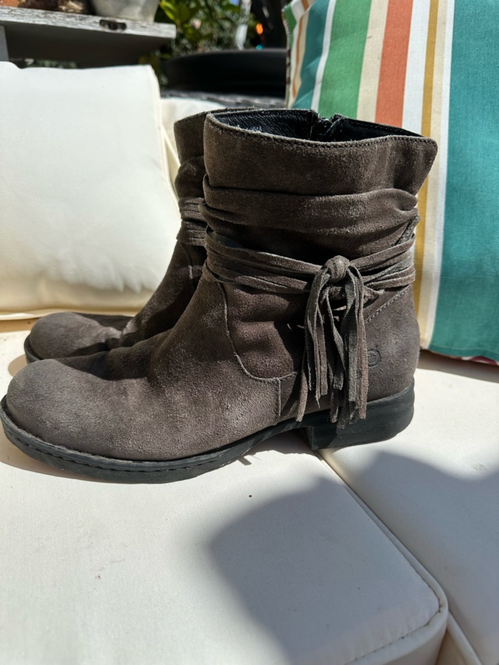 Born Women's Gray Suede Ankle Boots with Fringe